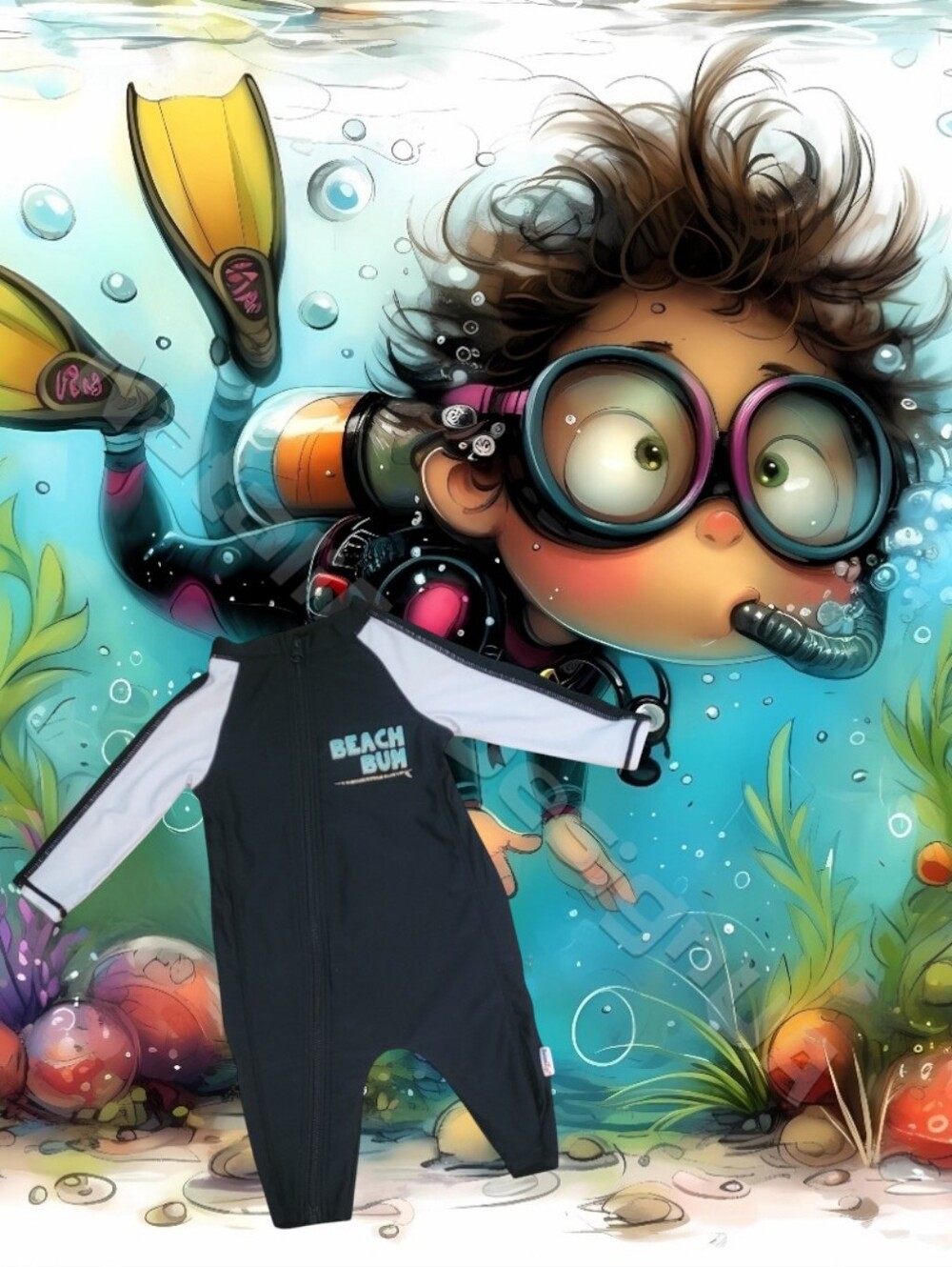 Swimzip Boys "Beach Bum" Black & White Longsleeve Rash Guard Sunsuit